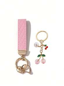 1pc Unisex Red Plaid Keychain + Cute Cherry Pendant, Zinc Alloy Minimalist Style PU Leather Strap Key Ring, Suitable For Various Keys And Car Keys, Small Gift For Family And Friends - A - View 10