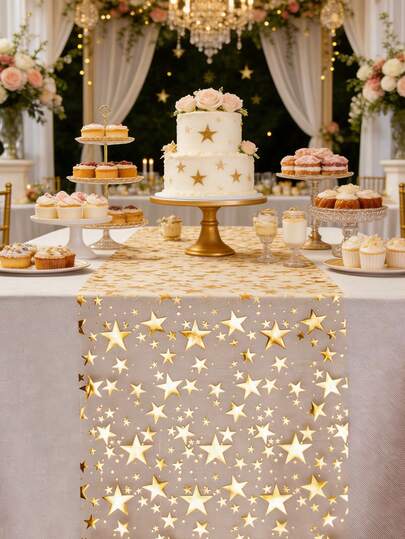 1/2/4/8 件装金色箔星印花桌旗，11 英寸 x 108 英寸，金属质感涤纶面料，适用于节日、春季、婚礼桌布、婚礼装饰、家居装饰、房间装饰、派对礼物、新娘生日装饰、单身派对装饰、E-I-D