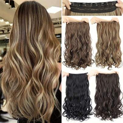 5 kẹp tóc nối tổng hợp dài 22 inch, kiểu tóc gợn sóng, màu nâu đen, một mảnh, dành cho nữ sử dụng hàng ngày.