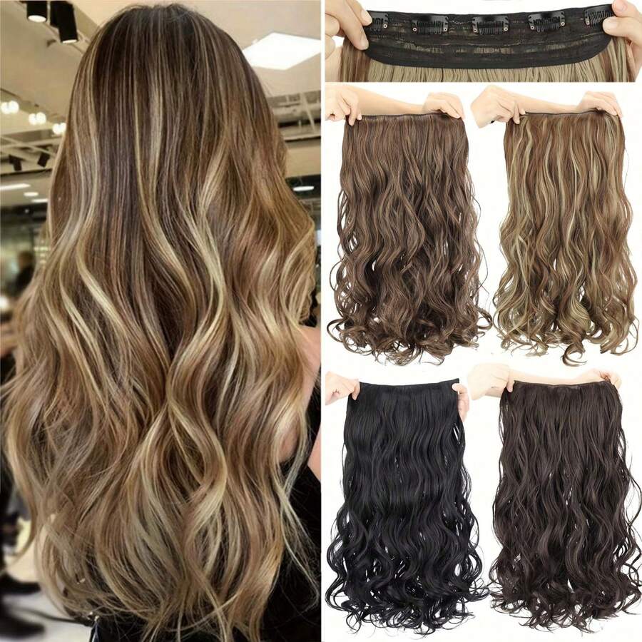 5 kẹp tóc nối tổng hợp dài 22 inch, kiểu tóc gợn sóng, màu nâu đen, một mảnh, dành cho nữ sử dụng hàng ngày. - Nhiều màu - Xem 1