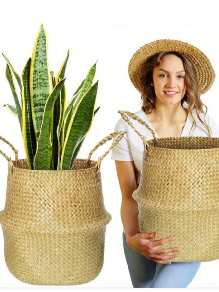 编织海草植物篮 波西米亚风肚形篮 装饰编织篮 带提手 可用于收纳 洗衣 野餐 花盆套 沙滩 食品杂货用品 - A - 查看 1