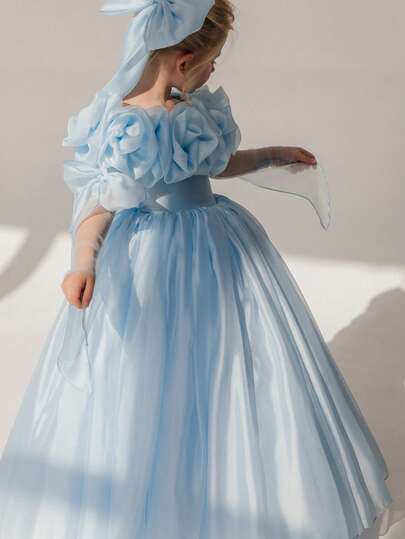Đầm dạ hội thanh lịch màu xanh nhạt bằng vải voan họa tiết hoa 3D cho bé gái, thích hợp cho tiệc sinh nhật, váy phù dâu, váy dự thi sắc đẹp, váy dạ hội trang trọng, các dịp lễ hội.