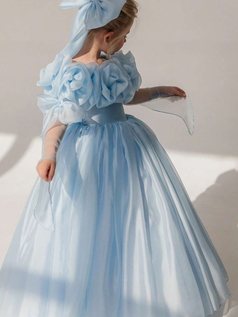 浅蓝色3D立体花朵薄纱优雅女童派对礼服,公主裙,适合女孩生日派对、花童婚礼礼服、伴娘礼服、选美比赛、正式晚礼服、节日庆典等场合。 - 淺藍色 - 查看 1