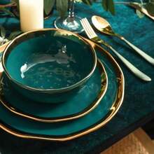 Florian Modern Porcelain 16 Piece Dinnerware Set Plates and Bowls Set Dish set for 4 Green and Golden Rim - Verde con borde dorado - Ver 3