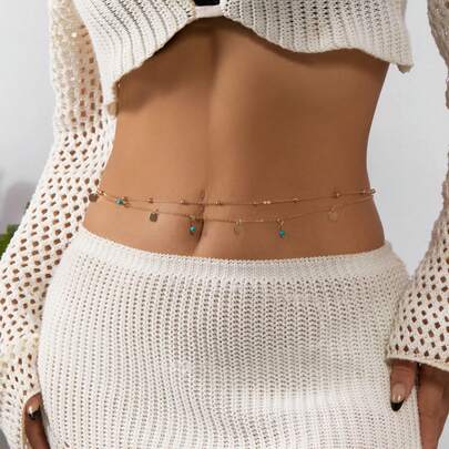 1 Summer Green Turquoise Round Waist Chain, Metal Bikini Multi Layer Waist Chain And Abdominal Chain, Women's Jewelry, Sexy Beach Beaded Body Chain