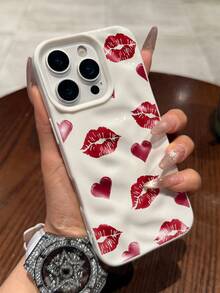 1pc Korean Style Girly Lip Print Phone Case, Soft Tactile Water Wave Wrinkle Design, Compatible With IPhone 17 Pro Max/17 Pro/16 Pro Max/16 Pro/16/15 Pro Max/15 Pro/15/14 Pro Max/14/13 Pro Max/13 Pro/13/12 Pro Max/12 Pro/12/11, Dustproof Waterproof Shockproof Protective Soft Case - White - View 3