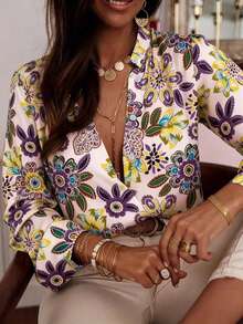 女士春夏新款全印花修身时尚立领长袖衬衫度假装 - 黃色 - 查看 2