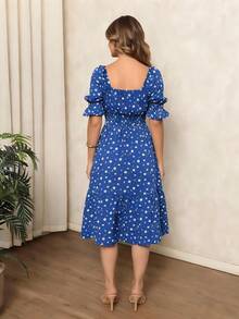 Women's Midi Dress With Floral Print, Square Neckline, Puff Sleeves, A-Line Silhouette, Ruffled Hem, Knee-Length. - 寶藍色 - 查看 3