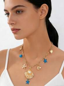 1pc Gold Tone Ocean Theme Necklace, Faux Pearl Seashell Starfish Pendant Chain, Summer Beach Vacation Jewelry For Women - Gold - View 3