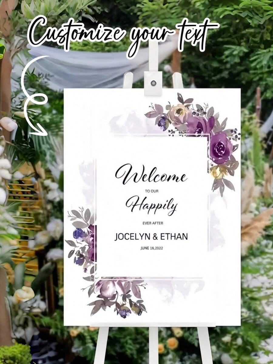 Personalized Wedding Welcome Sign - Customized Bride's Name And Date - Elegant Lavender Rose - Durable Plastic Indoor/Outdoor Decor - Wedding Reception Ceremony Anniversary Decoration - No Power Needed - Easy Installation - Multicolor - View 1