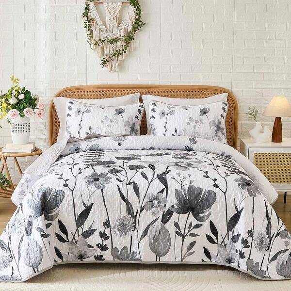 Grey Quilt Set King, Floral Bedspread Soft Microfiber Lightweight King Size Quilt Bedding Sets Flower Coverlet For All Season(104"X90") Home Decor Room Decor Bedroom Decor Bed Comforter Set Mothers Day Gift Wedding Decorations.