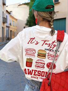 Áo thun nữ tay ngắn cổ tròn màu trắng, kiểu dáng tối giản mùa hè, in hình khoai tây chiên và bánh mì kẹp thịt, thời trang và đa năng. - trắng - Xem 7