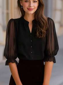 女士优雅圆领七分袖薄纱花瓣袖纽扣衬衫，春夏职业装及休闲装 - 黑色 - 查看 3