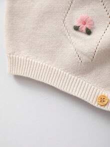 Baby Girls' Floral Embroidery Pattern Breathable Knit Short Sleeve Romper, Summer - Beige - View 5