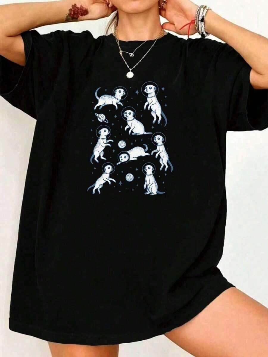 26 1111 Astronaut Meerkat Short Sleeve Women's Printed T-Shirt Fashion Casual Stretchy Soft Ladies TopCasual Daily Wear-Vintage Street Style Unisex Loose Cotton Short Sleeve Crew Neck T-Shirt100% Pure Cotton100% Pure Cotton100% Pure Cotton - Black - View 1
