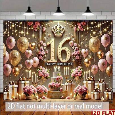 2D平面甜蜜快乐16岁生日背景横幅，明亮的涂鸦泼墨设计和霓虹数字，耐用的涤纶纤维工作室背景，适合室内和室外派对周年纪念毕业典礼横幅背景，多种尺寸和场景可供选择。
