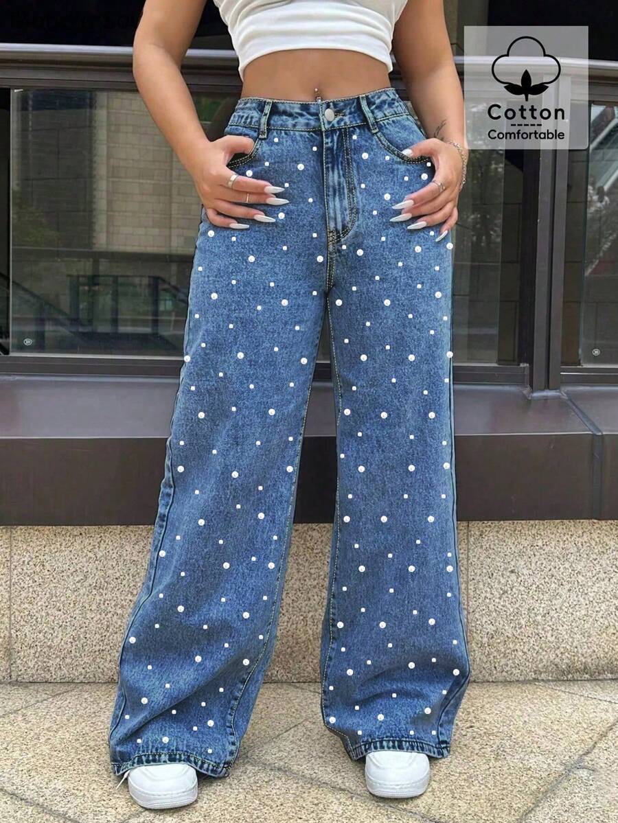 Women's Straight Leg Pant Jeans,Pearl Decoration,Button Zipper And Pocket Summer Jeans - Rửa trung bình - Xem 1