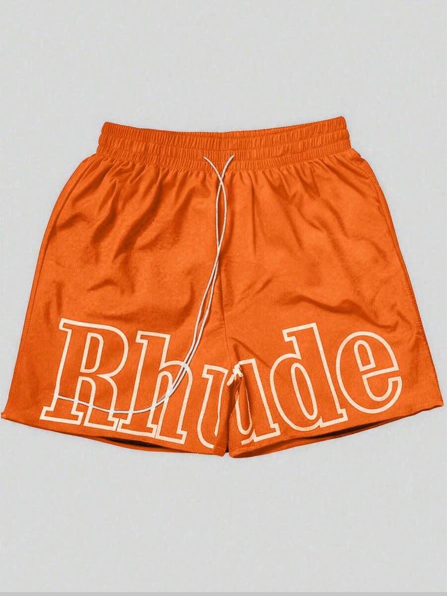Vibrant Solid-Color Branded Shorts With Bold Letter Print & Zipper Details - Orange - View 1