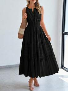 Women Summer Boho Sleeveless V Neck High Waist A-Line Flowy Long Maxi Dress Spring Holiday Hawaii Beach Vacation Party Sundress Outfits - 黑色 - 查看 6