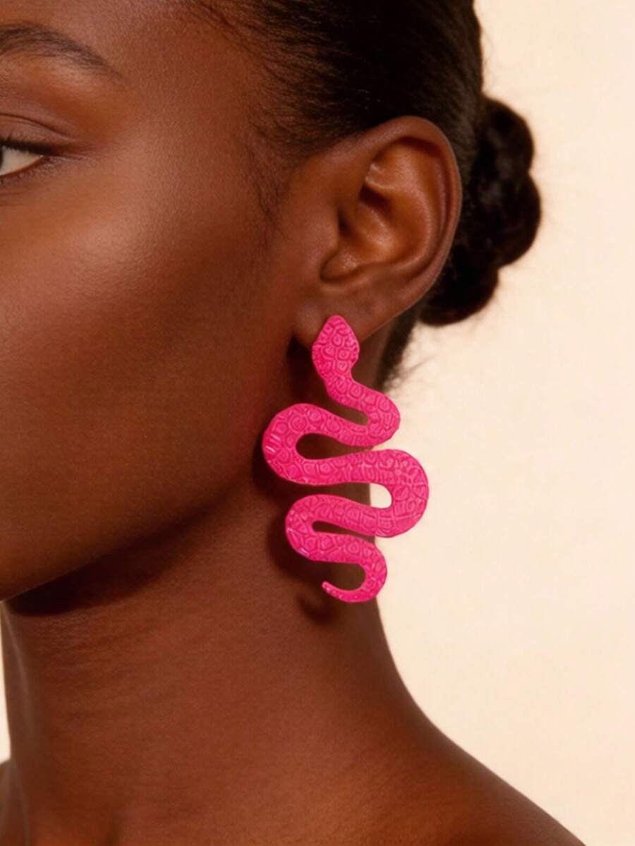 1 Pair Snake-Shaped Earrings, Electroplated Gold Plated, Painted Stainless Steel, Fashion Earrings For Women, Rose Flower & Maple Leaf Design, Valentine's Day Gift - A Pair Of Earrings - View 1