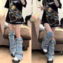 Y2K Washed Denim Leg Warmers With Buckle Straps, Cargo Pocket Slouchy Boot Covers For Streetwear & Festival Outfits - Blue - View 3