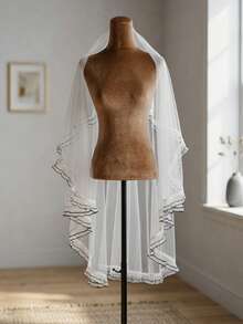 1pc Unique Double-Layer Ruffle Trim Veil, White Mid-Length Bridal Wedding Hair Accessory - Multicolor - View 8