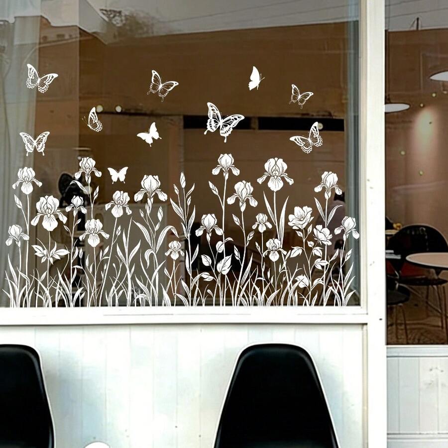 1/4pcs Floral Electrostatic Window Cling. White R Tulip, Sunflower And Iris With Butterfly Patterns Silhouette Sticke. Removable, Waterproof PVC. Suitable For Living Room, Cafe And Shop Window Decoration. - Multicolor - View 1