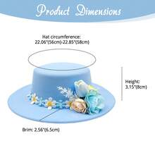 Elegant Flat-Top Hat For Women, Wide-Brimmed Felt Hat, With 3D Handmade Simulated Flowers, Elegant Retro Outfit Accessories, Suitable For Wedding Tea Breaks - 藍色 - 查看 8