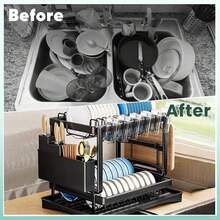 HanTai 2-Tier Dish Drying Rack, Space-Saving Carbon Steel Kitchen Drainer With Drainboard & Cup Holder, Multifunctional Organizer For Countertop - Stylish Black Design - View 5