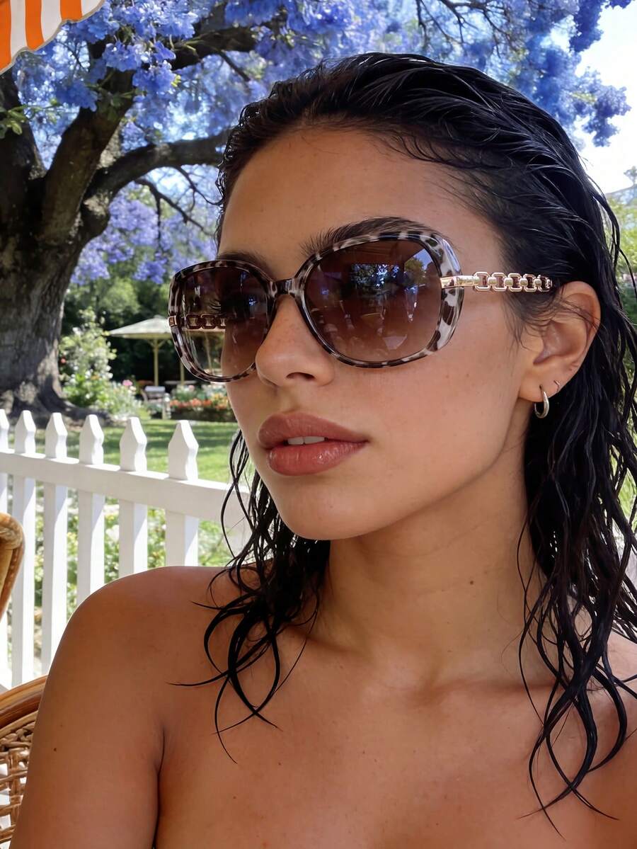 豹纹太阳镜 女士复古方形大框金属镂空链条镜腿 时尚眼镜 经典户外旅行海滩度假休闲装饰夏季防紫外线驾驶太阳镜 母亲节礼物 - 彩色 - 查看 1