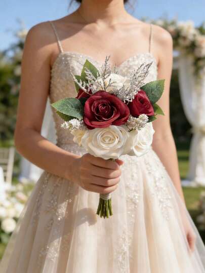新娘伴娘婚礼捧花，酒红色和白色人造玫瑰花束，适合乡村教堂波西米亚风婚礼或作为餐桌装饰，也可作为抛掷花束。