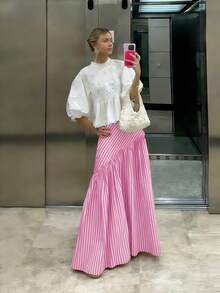 Chân váy nữ thời trang thường ngày dáng chữ A kẻ sọc xếp ly, màu hồng, đa năng, thích hợp cho mùa xuân. - Hồng - Xem 3