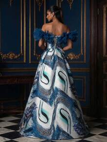 Women's Elegant Blue & White Abstract Print Open Shoulder Ruffle Sleeve Split Maxi Dress, Sexy Formal Evening Gown, Formal Party Dress Wedding Fall - Navy Blue - View 2
