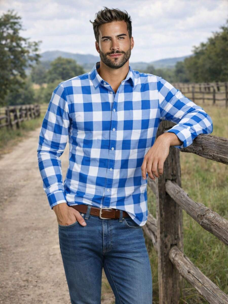 Men's Checkered Shirt, Comfortable Fashion, Long Sleeve, Country Style, June Festival, July Festival, Saint John's Day - Xanh nhạt - Xem 1