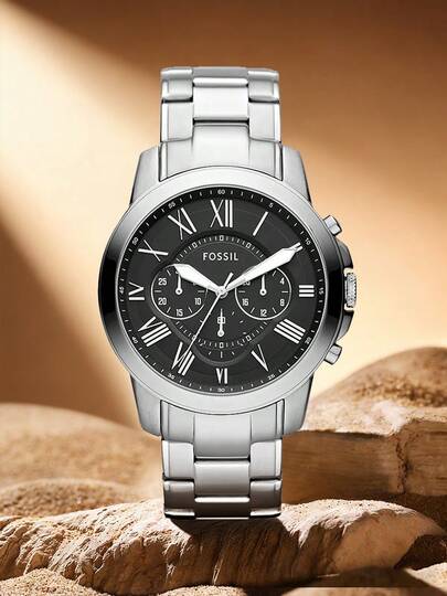 Fossil 男士经典不锈钢表带石英腕表，时尚商务模拟腕表，黑色表盘，罗马数字时标，多表盘计时功能，优雅金属表带，适合日常办公、工作、聚会，也可作为送给丈夫或男友的礼物。