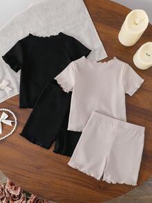 Bộ đồ 4 món dễ thương cho bé gái, gồm áo thun cổ tròn tay ngắn thiết kế nơ và quần short cạp chun, kiểu dáng thường ngày, thời trang và đa năng, phù hợp cho bé mặc đi chơi, dự tiệc và hoạt động ngoài trời vào mùa xuân/hè. - Nhiều màu - Xem 2