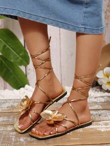 女士法式方头平底凉鞋，新款夏季系带蝴蝶结露趾拖鞋，时尚百搭，舒适百搭，适合约会、旅行、通勤、商务场合。 - 全金色 - 查看 1