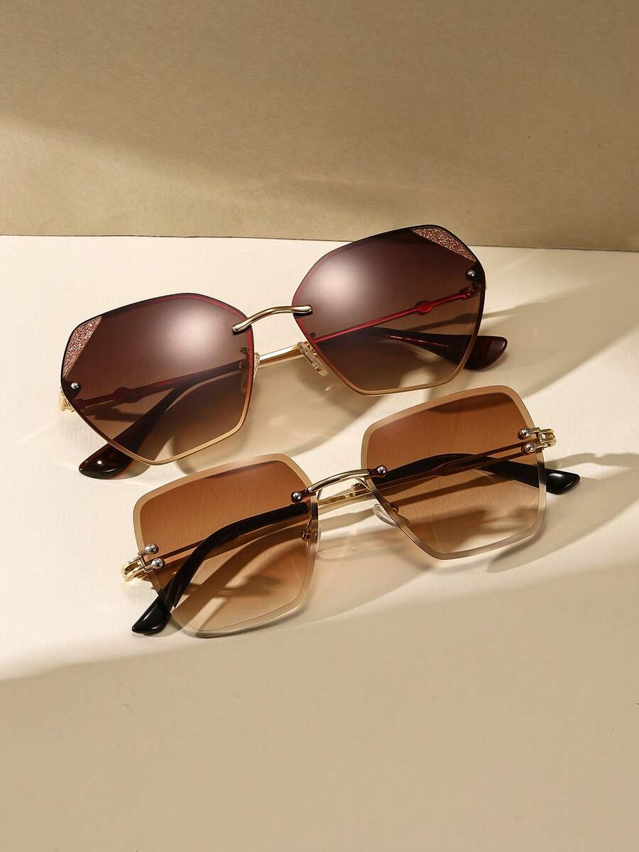 2pcs Frameless Brown Square Sunglasses, Retro Metal Fashion Eyewear, Classic Design For Outdoor Travel Beach Casual Wear, Summer UV Protection Driving Glasses - Multicolor - View 1