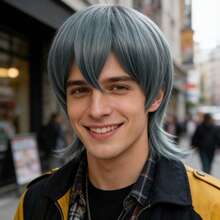 Short Layered Straight Ash Gray Blue Wolf Cut Bob Cosplay Wig With Bangs For Men Holiday Party Daily Wear, Heat Resistant Synthetic Hair For Anime Costume, Comic Con & Stage Performance - Multicolor - View 12