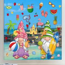 1 Set Of 2 Large Summer Theme Beach Gnome Window Clings, Includes Coconut Tree, Pineapple, Watermelon, Surfboard, Beach Ball Patterns, Removable Static Cling For Bedroom, Living Room, Balcony And Display Window Decoration - Surf - View 2