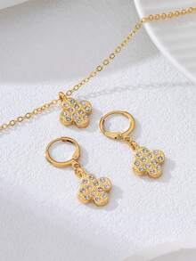 Juego de aretes y collar con flor de cuatro hojas de diamante completo, accesorios de joyería elegante y delicada, regalo de fiesta para mujeres - Dorado - Ver 2