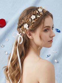 1件波西米亚风新娘金色发饰，饰有多朵白色花朵和人造珍珠，配有可调节缎带系带头箍，适合婚礼派对佩戴 - 金色 - 查看 5