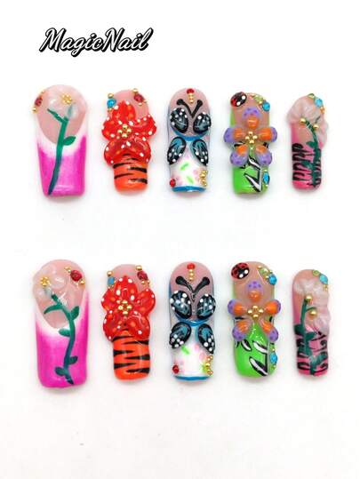 10 Pieces Of Pure Handmade Pressed Wearing Nail, 33mm Long Coffin-Shaped Nail, Pink Nail, White Nail, Green Nail, Orange Nail, Pink, Three-Dimensional Raised Red Pink Flowers, Raised Butterfly Shape, Ladybug, Hand-Painted Green Branch Top With White Petals, Golden Small Round Ball Decoration, Black Lines. Cute Nail Piece, Spring Nail Piece.