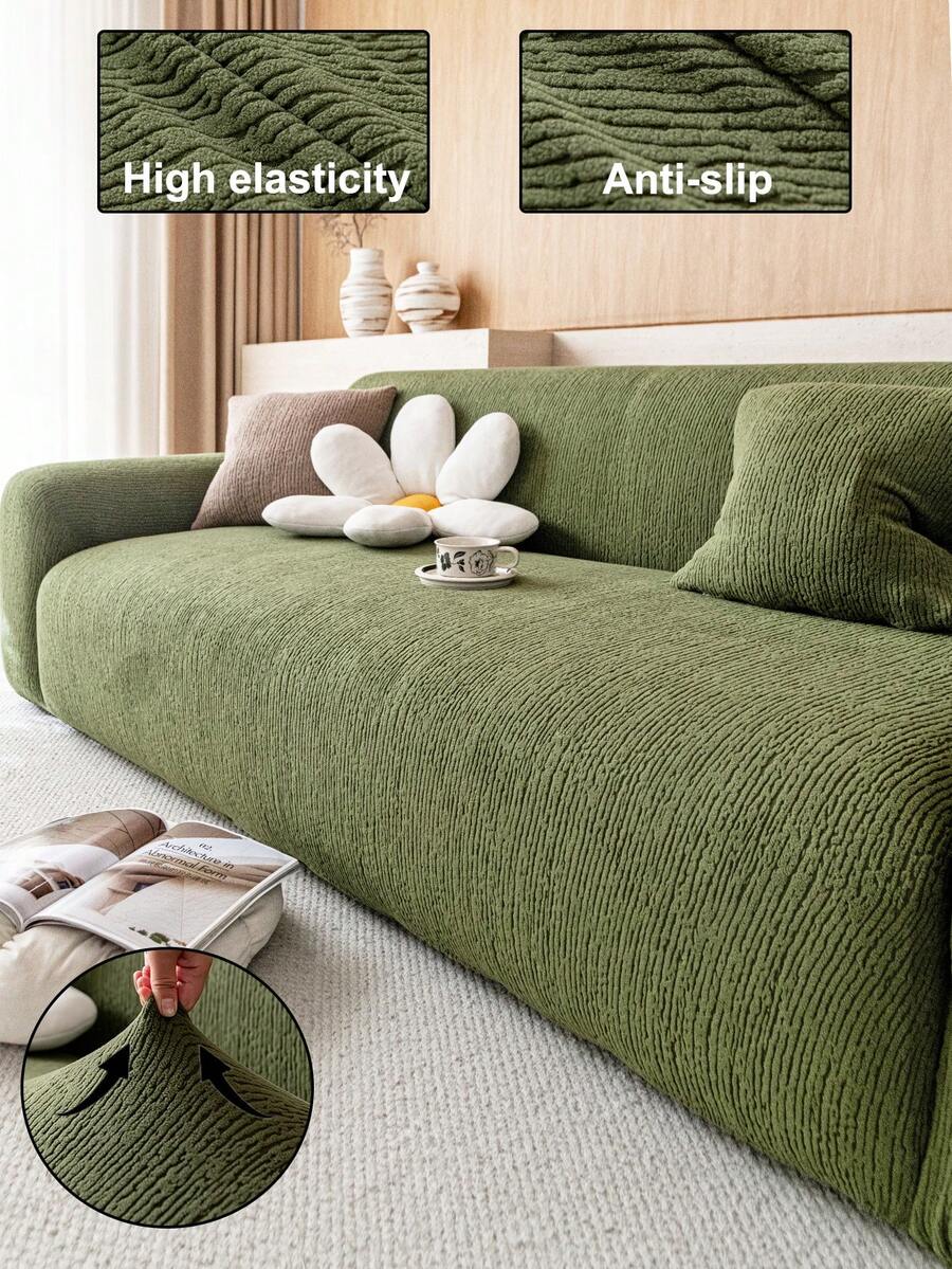 1pc Classic Elastic Fitted Sofa Cover With T-Shaped Pillow Design, Machine Washable Polyester Slipcover With Antibacterial And Soft Properties, Suitable For Single/Loveseat/3-Seater/4-Seater Sofa, Holiday Decor - Green - View 1
