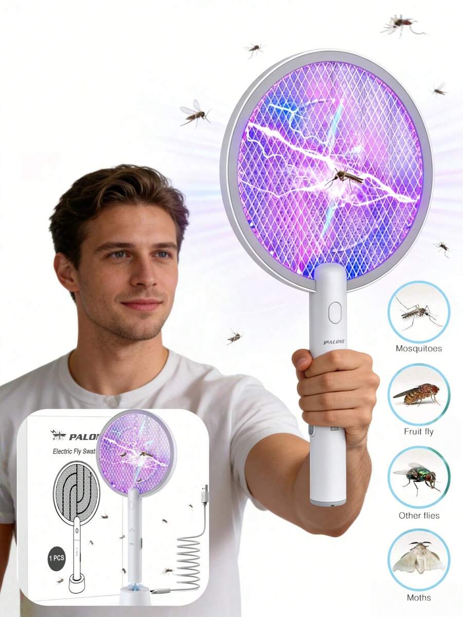 Raquette Électrique Anti-Insectes Rechargeable USB, 6 Lampes UV Piège à Moustiques, Grille 4000V, 3 Couches De Maillage, Élimination Instantanée Des Mouches & Moustiques, Pour Maison, Bureau, Camping, Pique-Nique - trắng - Xem 1