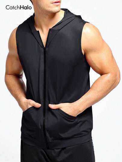 Hooded Zipper Vest, Pocketed Fitness Tank Top, Breathable Fitted Sleeveless Hoodie Suitable For Workout, Jogging And Everyday Wear