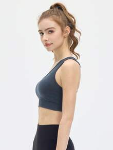 Leorrey 1pc Women's Fashion Round Neck Backless Cropped Ribbed Elastic Hem Cute & Sexy Soft Comfortable Sports Bra - Grey - View 8