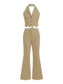 Women's Single-Breasted Halter Neck Tank Top And Wide Leg Casual Pants Set Summer - Khaki - View 4