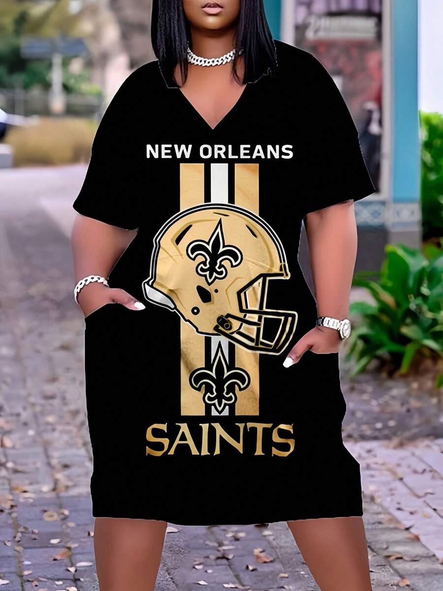 Ne-W Orleans Saints Plus Size Women's Fashion V Neck Short Sleeve Dress, Sports Team Logo Print Casual Streetwear Summer Outfit Gift For Football Fans - 混合色 - 查看 1