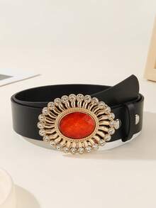 1pc Women's Turquoise Rhinestone Embellished PU Leather Casual Belt, Suitable For All Seasons - Black - View 3